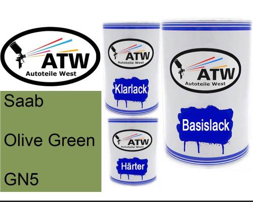 Saab, Olive Green, GN5: 500ml Lackdose + 500ml Klarlack + 250ml Härter - Set, von ATW Autoteile West.